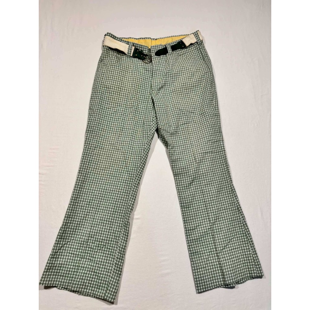 Vintage Gingham High Waisted Flare Pants Green White Plaid Belted Retro 32x28